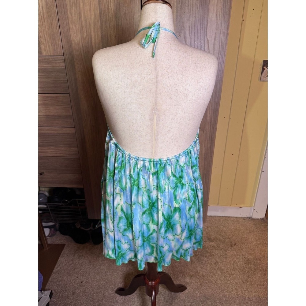 Boho Green Blue Abstract Floral Pleated Halter Mini Dress Womens Large - Picture 3 of 4